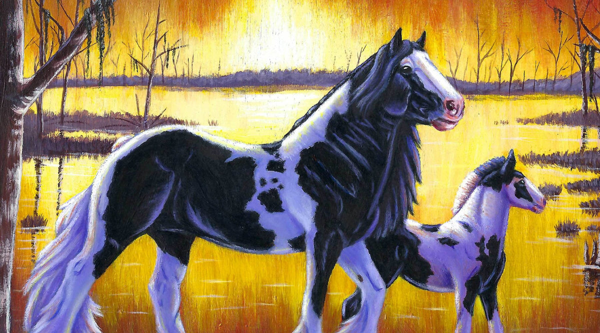 Mare and foal horse watercolor painting, blue sold mare and foal horse watercolor painting, horse paintings