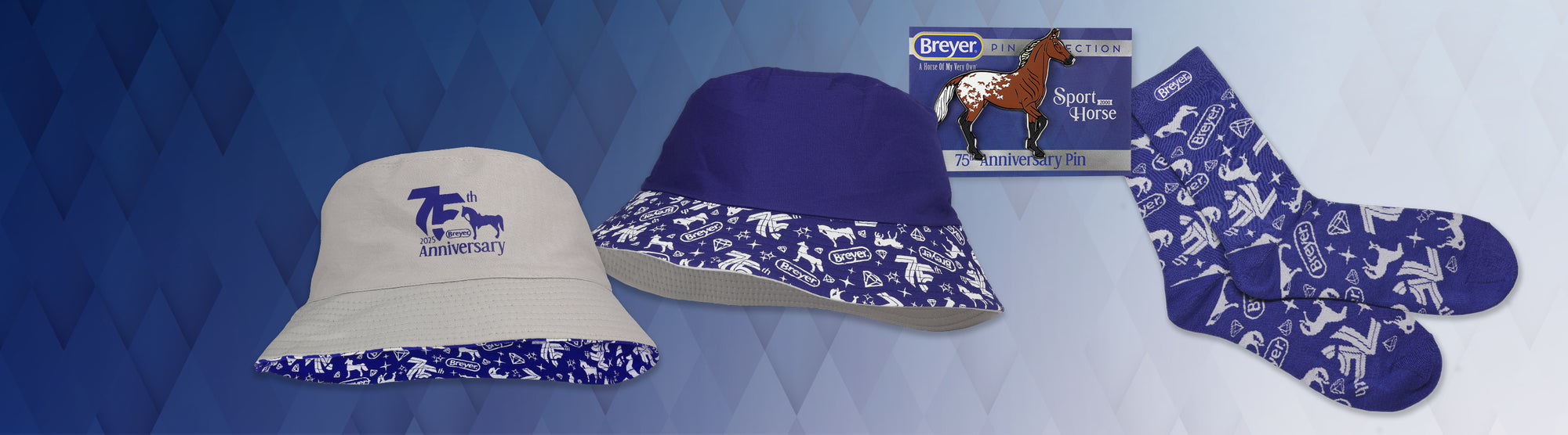 Breyer 75th Anniversary gifts - including a bucket hat, socks and a pin