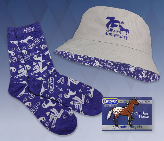 Breyer 75th Anniversary gifts - including a bucket hat, socks and a pin