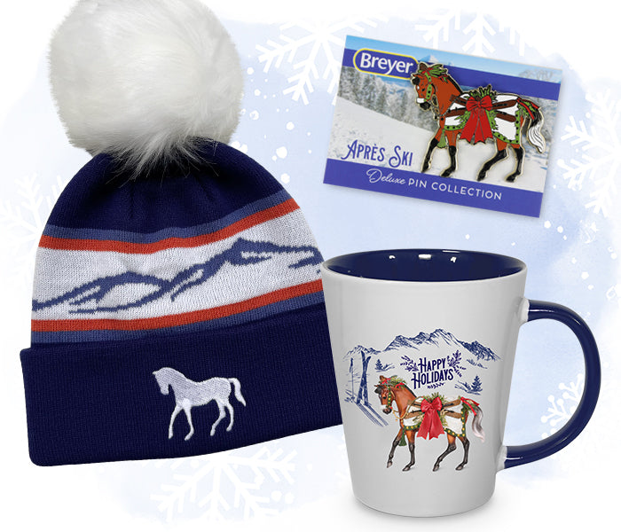 Breyer winter gifts featuring a pin, winter hat and mug