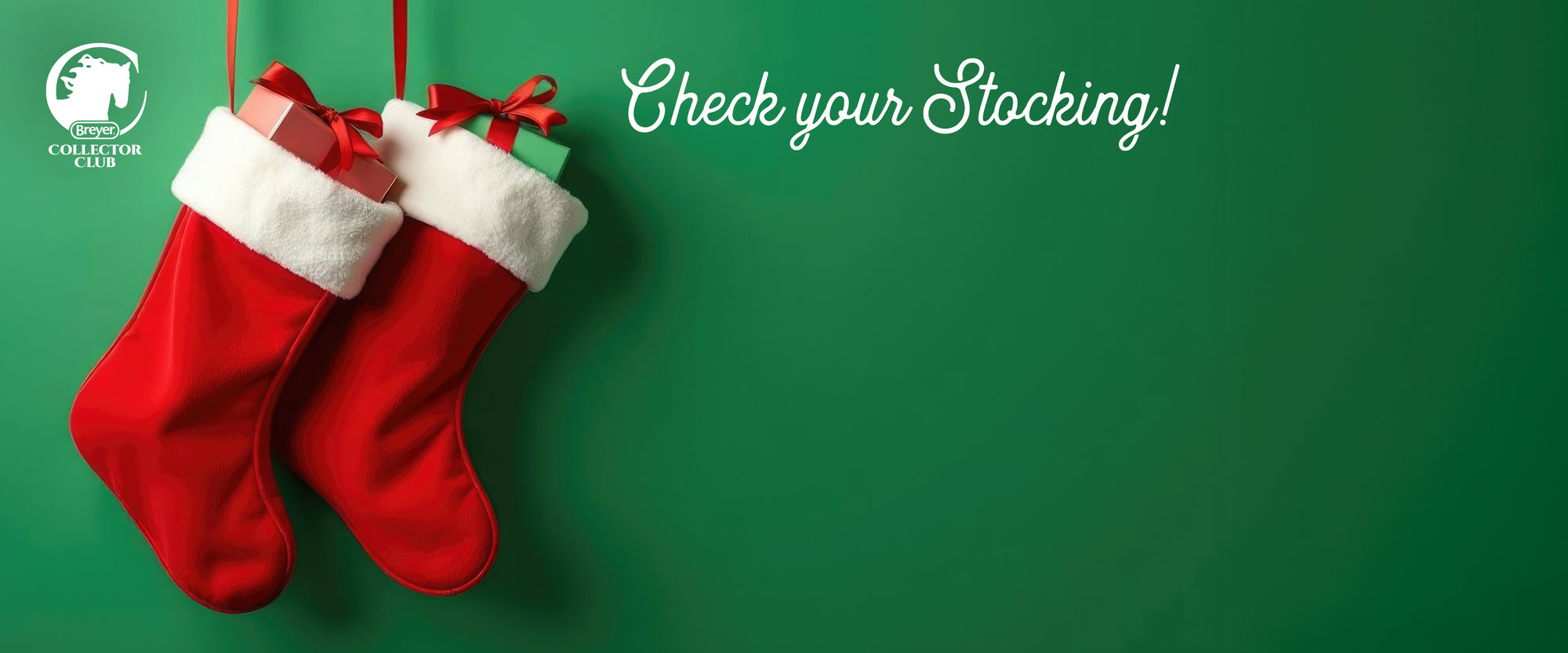 Check Your Stockings - Two red and white stockings on a green background