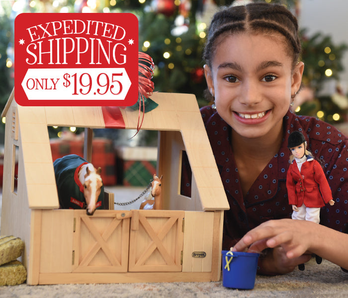 A girl playing with a Breyer Barn near a Christmas Tree - Expedited Shipping $19.95