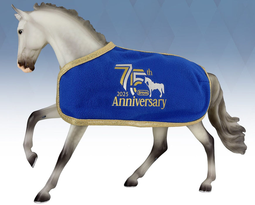 Breyer blue horse blanket with 75th anniversary logo; trimmed in sparkly gold on a white/grey horse Catch Me