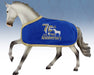 Breyer blue horse blanket with 75th anniversary logo; trimmed in sparkly gold on a white/grey horse Catch Me