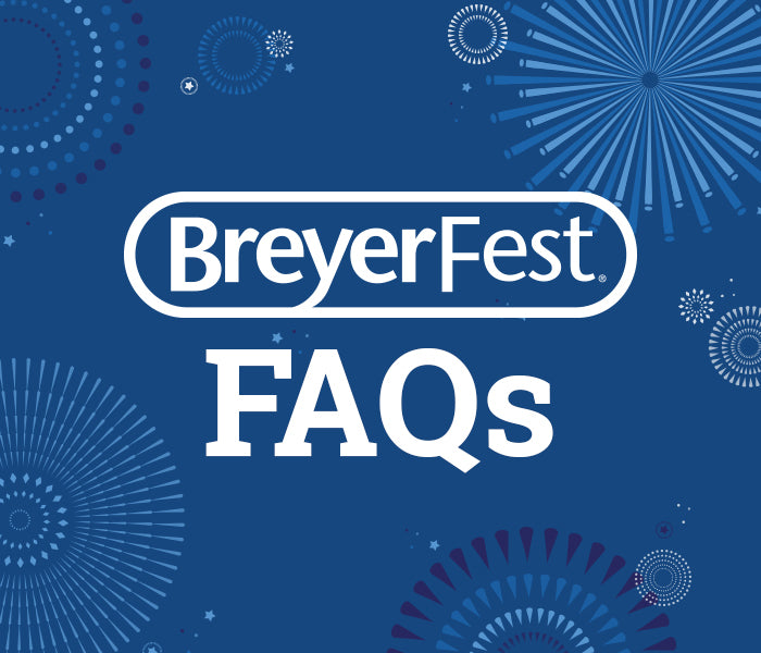 BreyerFest FAQs on a blue background with fireworks