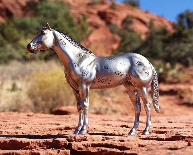 AQHA | 85th Anniversary Best Remuda Model facing left in the desert with the sky and mountain in the background.