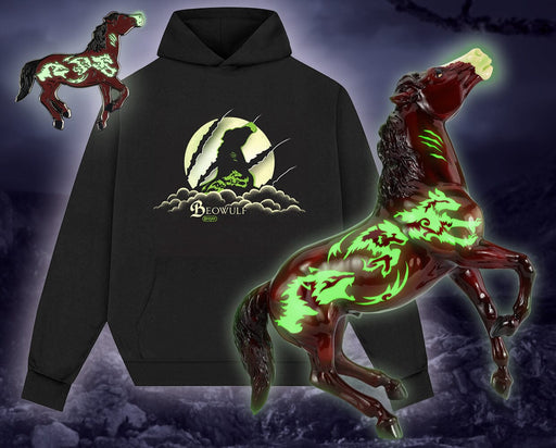 Beowulf Traditional Model, Hoodie and Pin, shown glowing