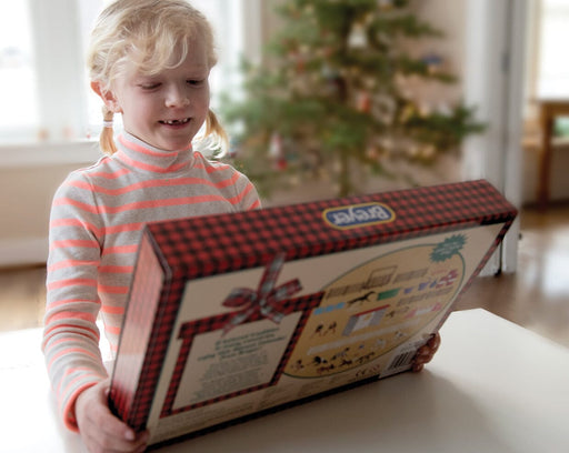 A girl looking at the Breyer Advent Calendar | Horse Adventure packaging