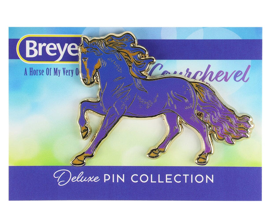 Breyer winter decorator model Courchevel in an enamel pin version on a backer board