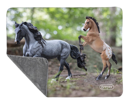 Mustang Mare & Foal Deluxe Blanket with the corner raised