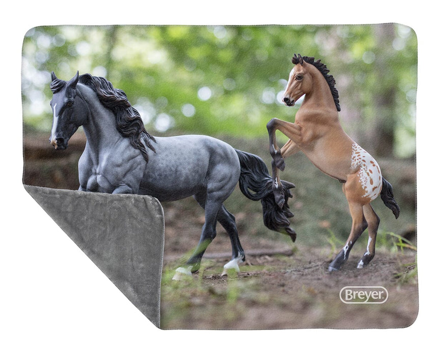 Mustang Mare & Foal Deluxe Blanket with the corner raised