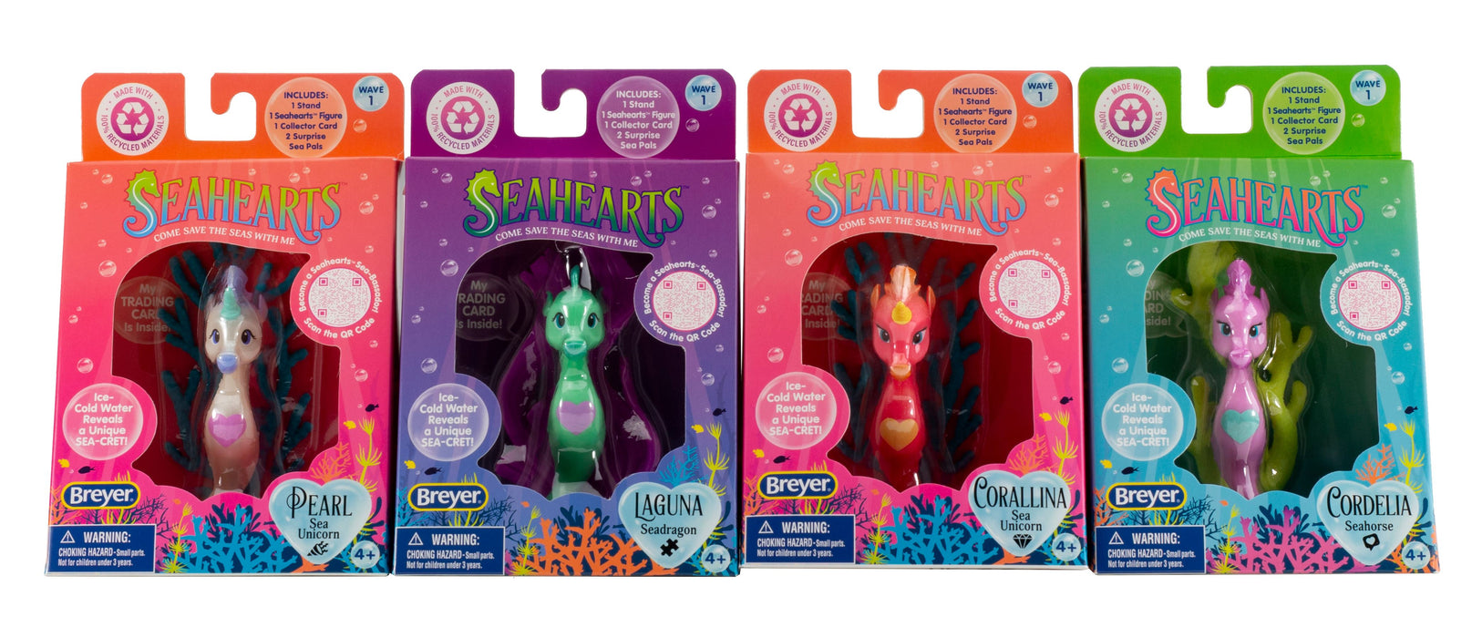 Four individually packaged Seahearts seahorses and sea unicorns, including Pearl, Cordelia, Laguna, Corallina