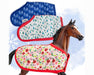 Traditional Holiday Horse Blanket; brown horse wearing poinsettia design with red trim; white blanket with green trees and red trim; blue blanket with trees and blue trim