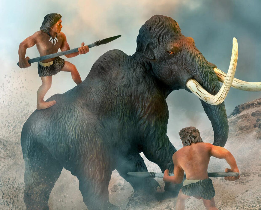 Woolly Mammoth shown with cavemen