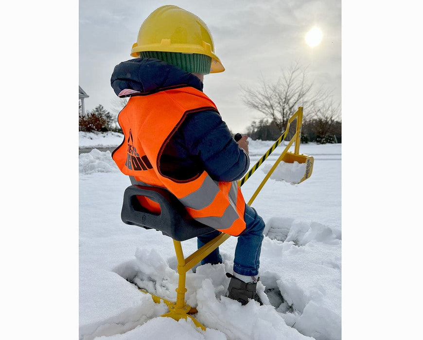 The Big Dig in the snow with a child wearing a Big Dig helmet and vest 